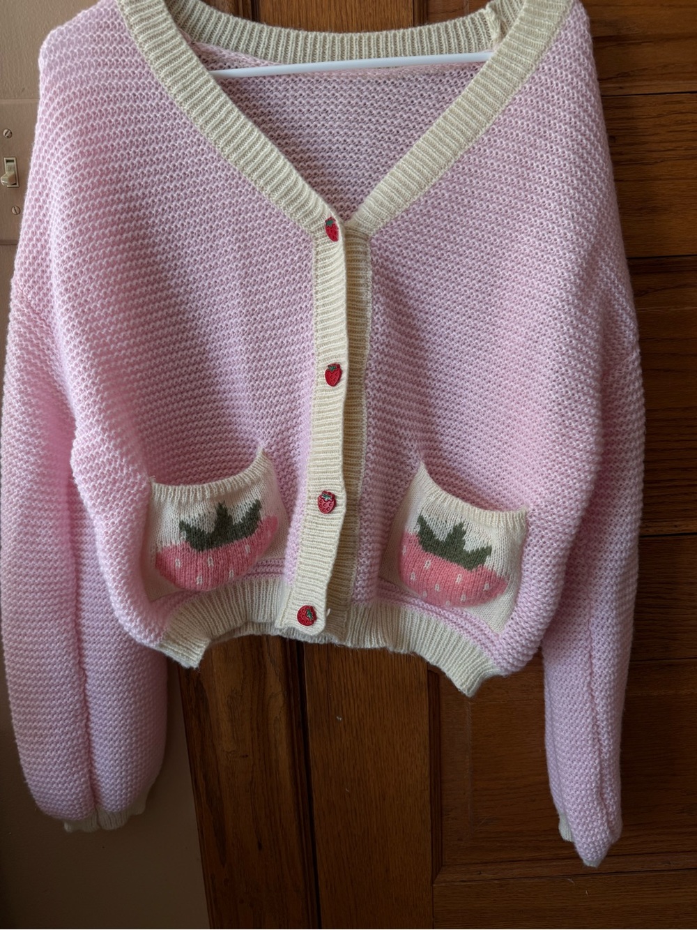 ROMWE Pink Cropped Strawberry Pocket Cardigan with Cream Trim